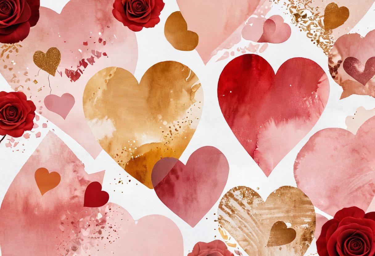 A close-up of an abstract heart-shaped collage made of various symbols representing ratings, stars, and speech bubbles, intertwined with elements like roses and soft textures to symbolize intimacy and relationships. The background features subtle blurred silhouettes of couples sharing affectionate moments, creating a warm and inviting atmosphere. The color palette is soft with reds, pinks, and golds, enhancing the theme of intimacy and connection. super-realistic. vibrant colors. soft focus.